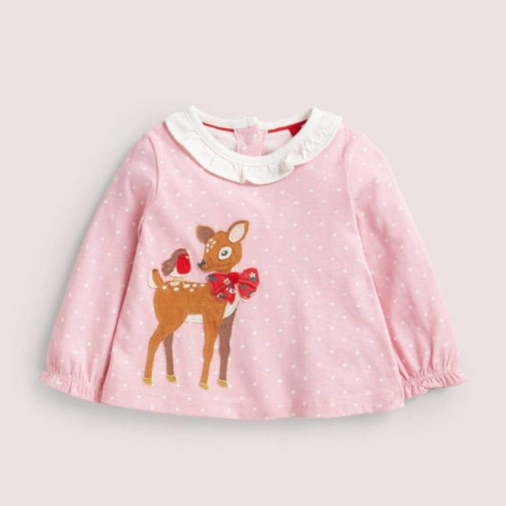 Mini Boden Holiday Pink Spot Deer Applique Long Sleeve Cotton T-Shirt Size 6-9M